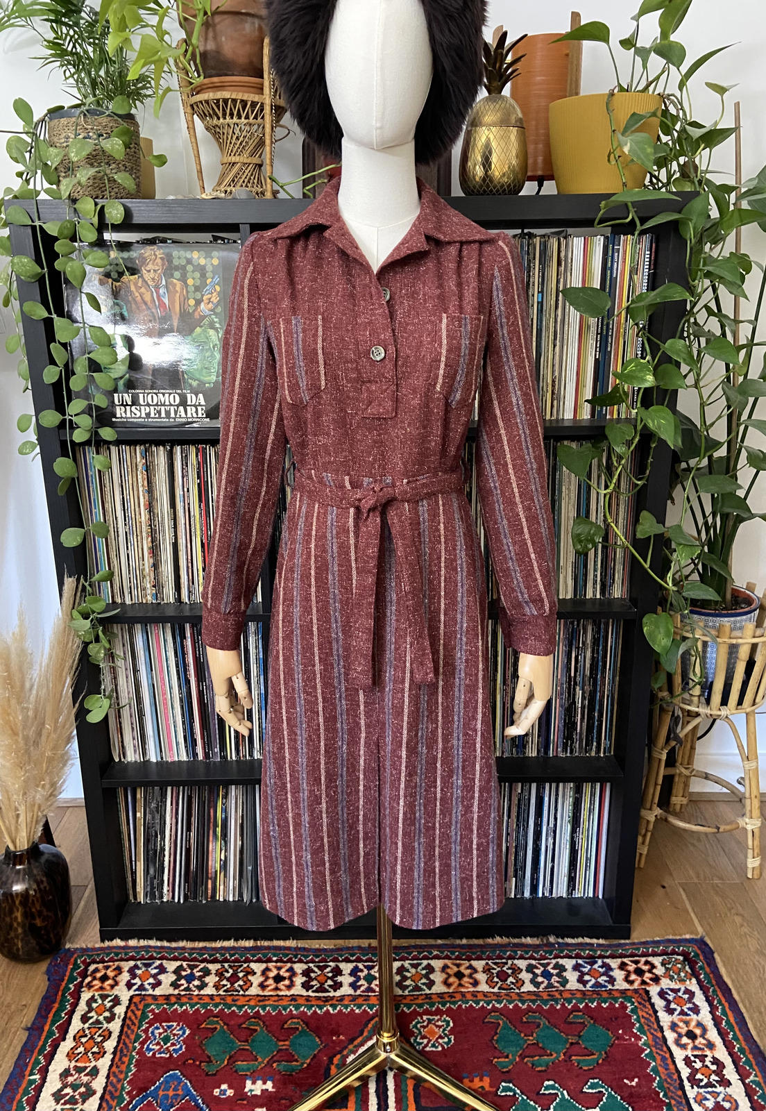 Vintage 1970s Burgundy Stripe Day Dress