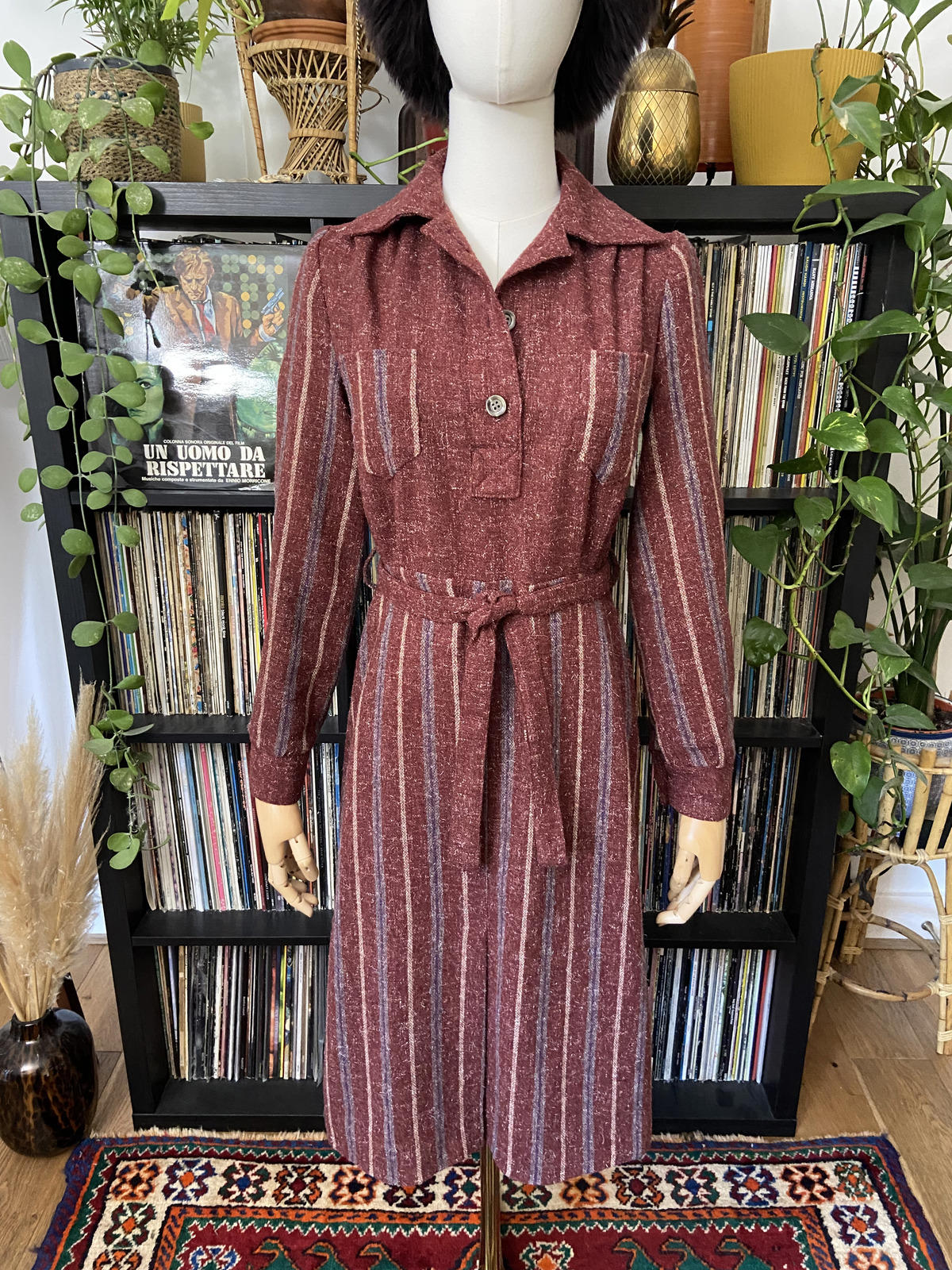 Vintage 1970s Burgundy Stripe Day Dress