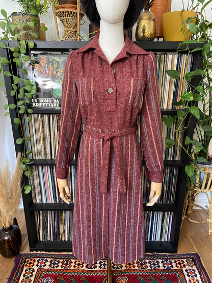 Vintage 1970s Burgundy Stripe Day Dress