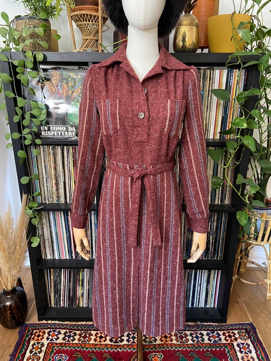 Vintage 1970s Burgundy Stripe Day Dress
