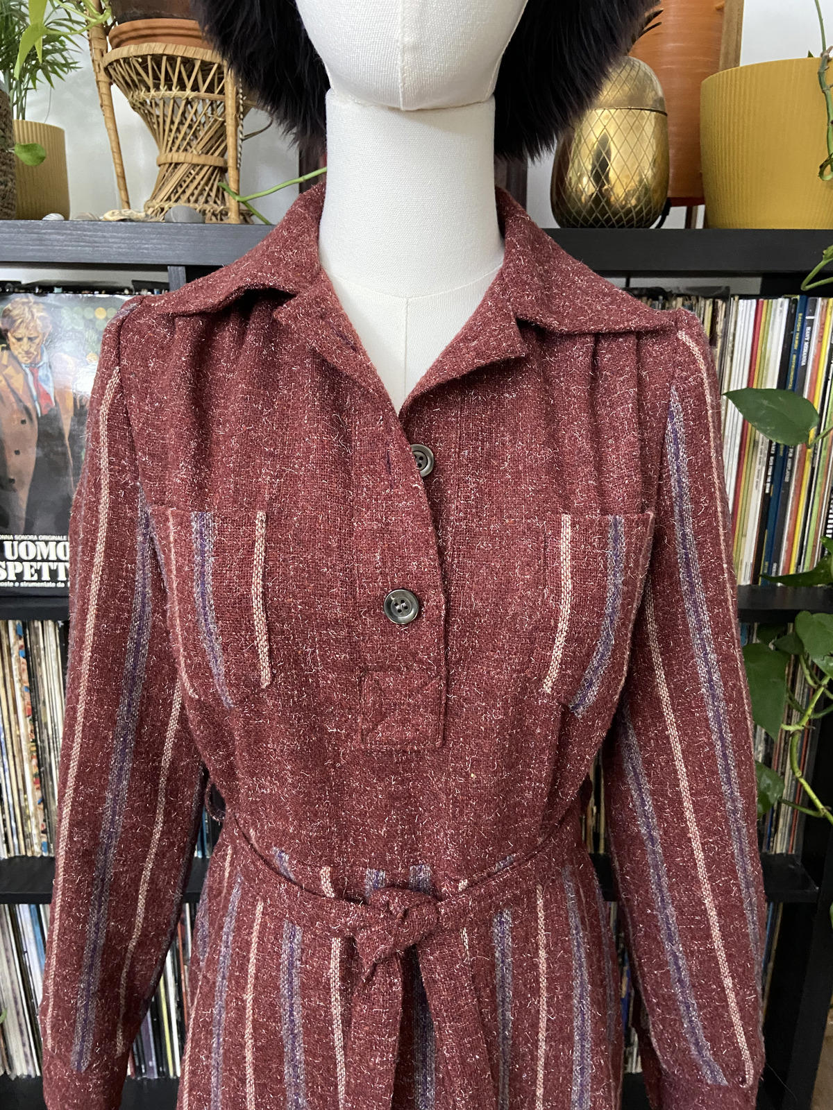 Vintage 1970s Burgundy Stripe Day Dress