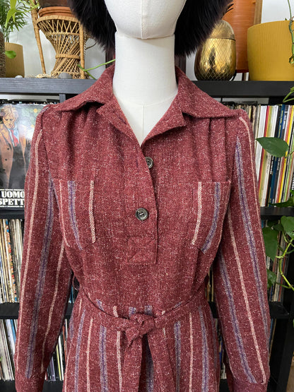 Vintage 1970s Burgundy Stripe Day Dress