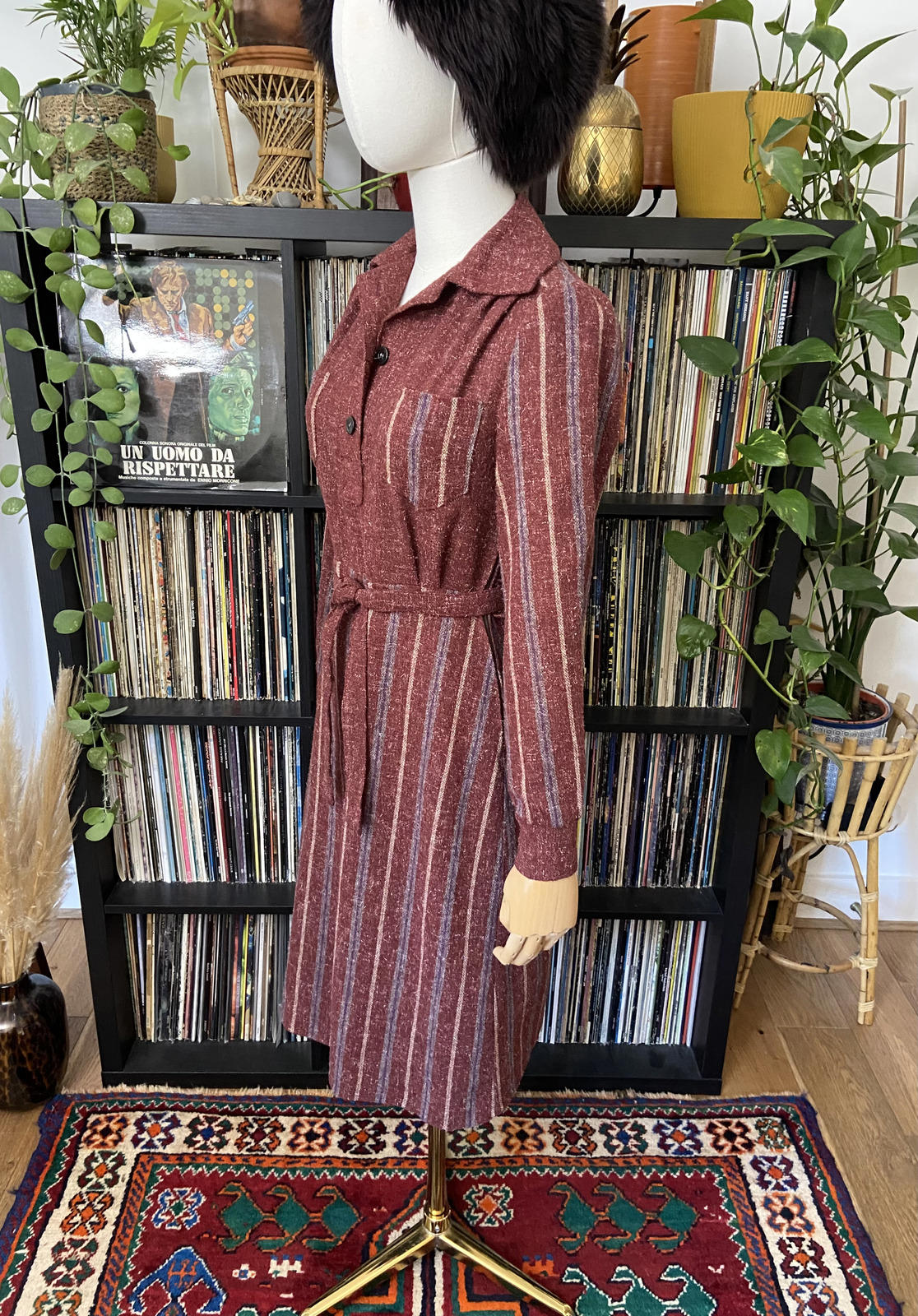 Vintage 1970s Burgundy Stripe Day Dress