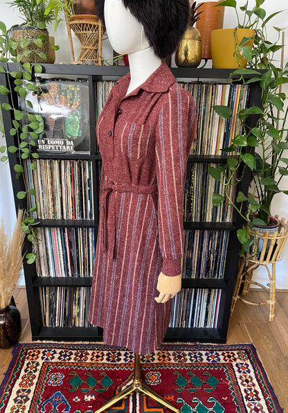 Vintage 1970s Burgundy Stripe Day Dress