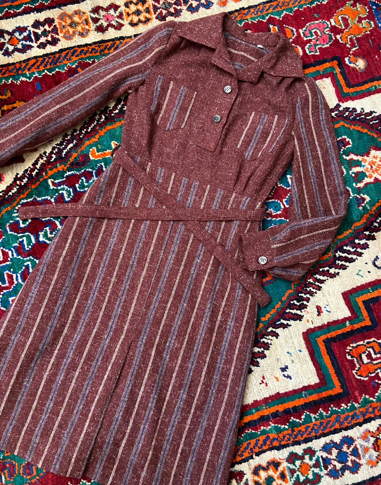 Vintage 1970s Burgundy Stripe Day Dress