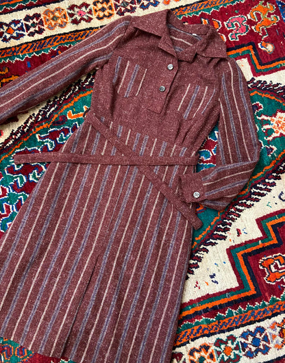 Vintage 1970s Burgundy Stripe Day Dress