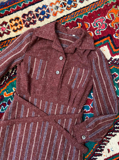 Vintage 1970s Burgundy Stripe Day Dress