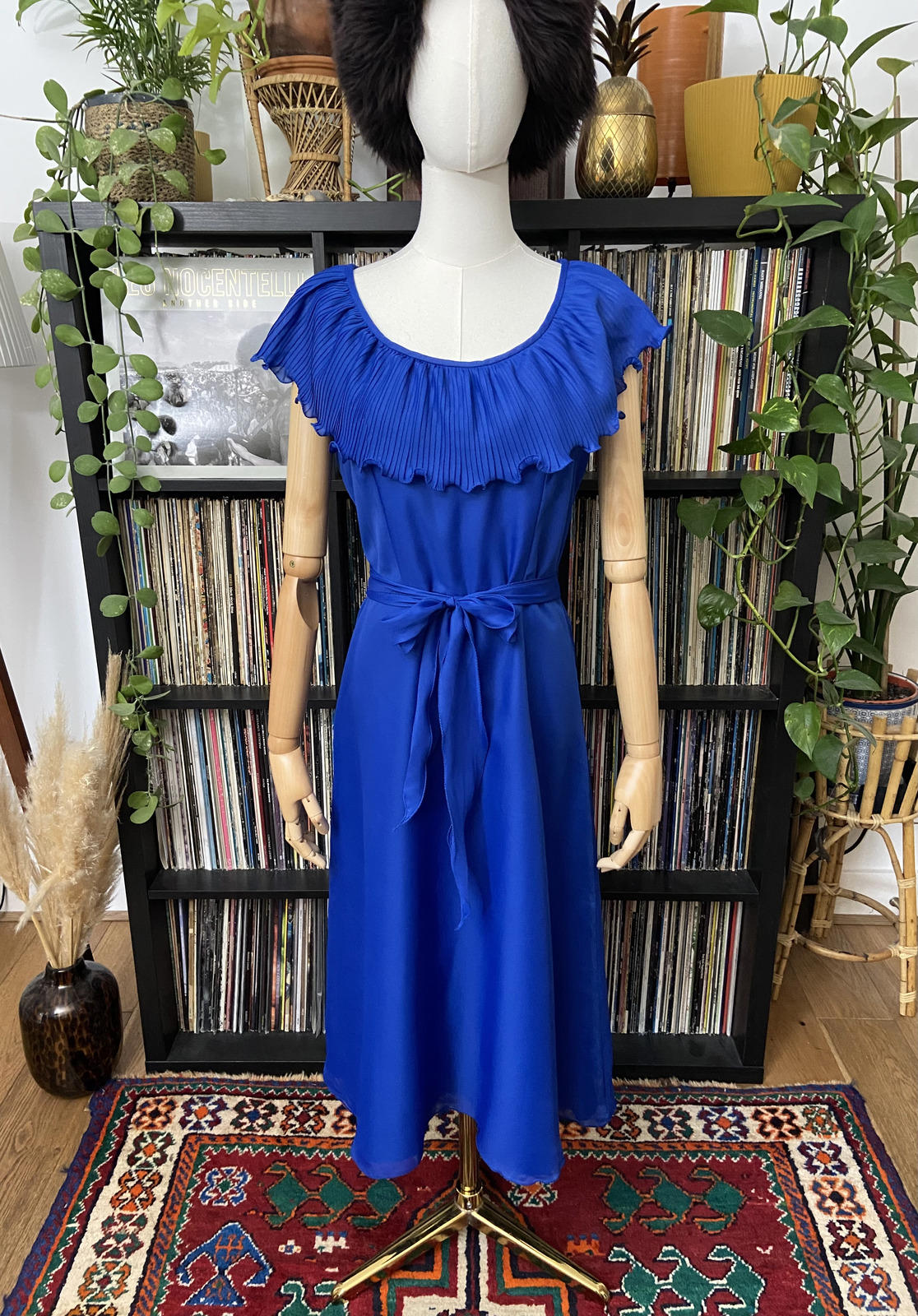 Vintage 1970s Royal Blue Ruffle Collar Dress