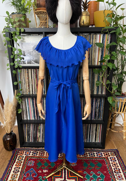Vintage 1970s Royal Blue Ruffle Collar Dress