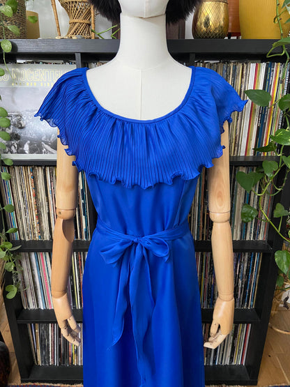 Vintage 1970s Royal Blue Ruffle Collar Dress