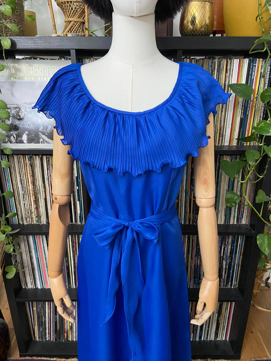 Vintage 1970s Royal Blue Ruffle Collar Dress