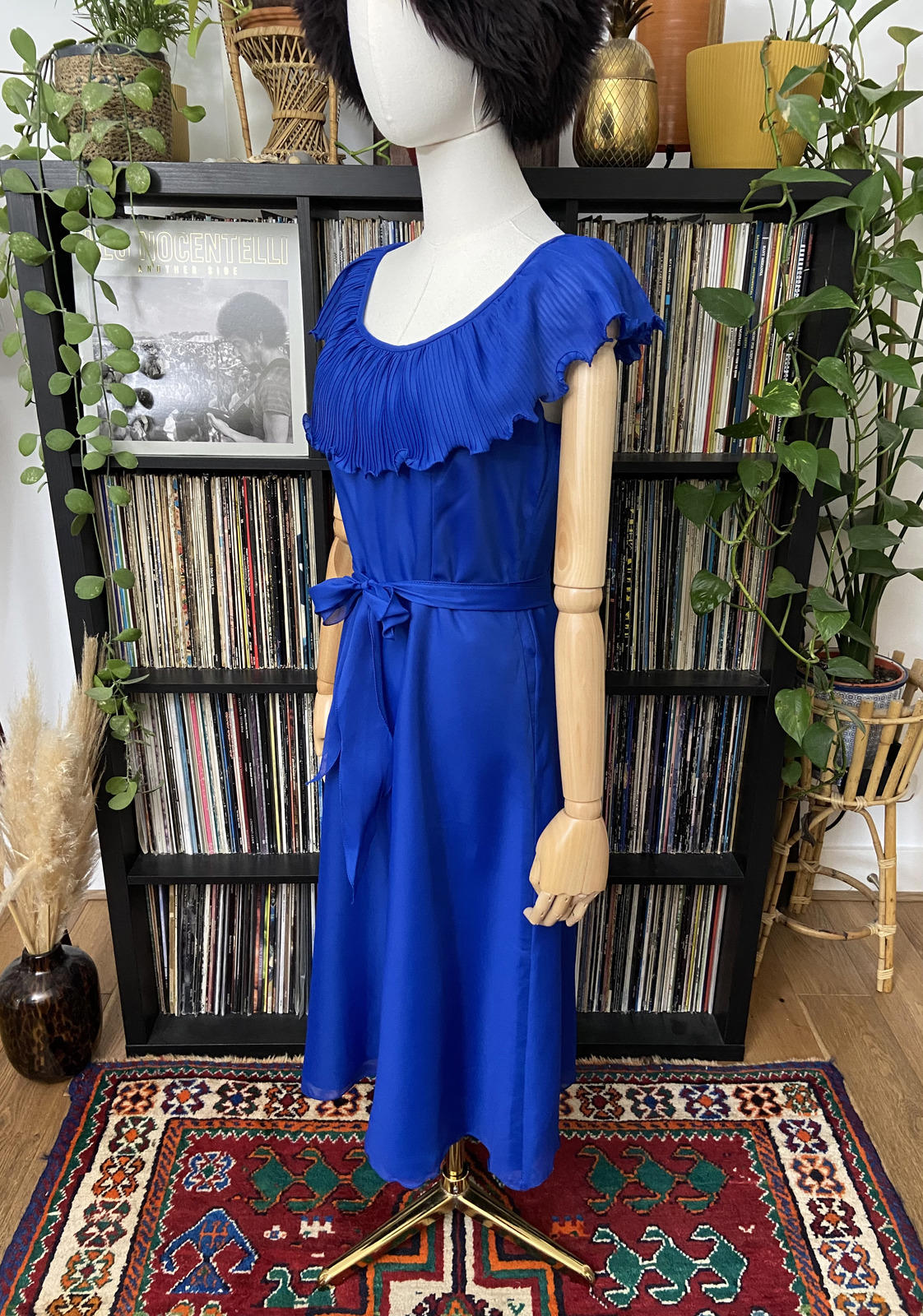 Vintage 1970s Royal Blue Ruffle Collar Dress
