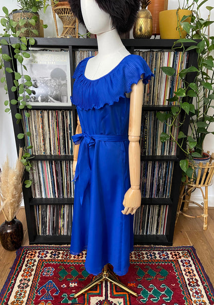 Vintage 1970s Royal Blue Ruffle Collar Dress