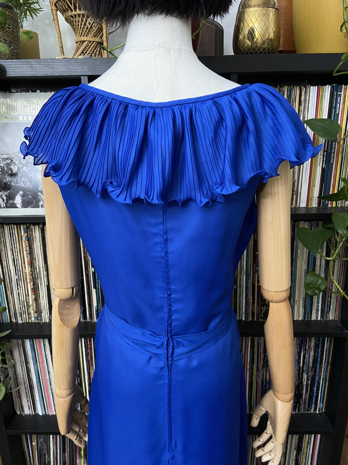 Vintage 1970s Royal Blue Ruffle Collar Dress