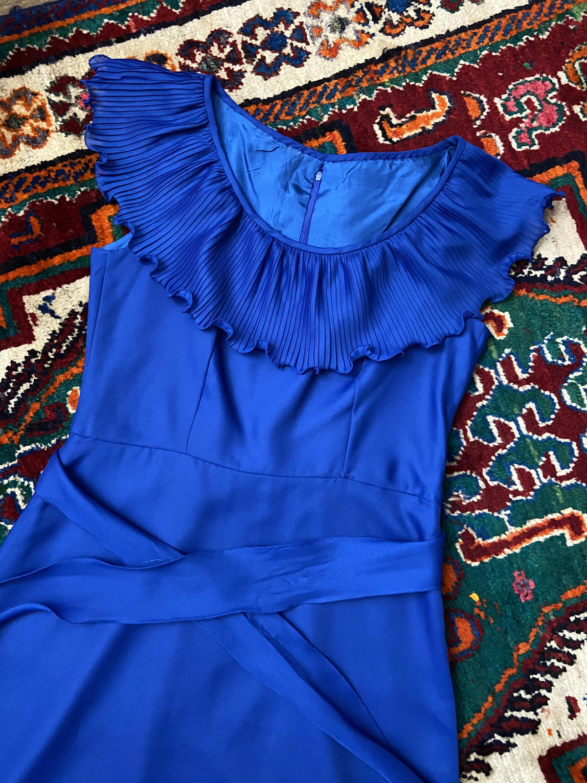 Vintage 1970s Royal Blue Ruffle Collar Dress