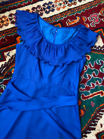 Vintage 1970s Royal Blue Ruffle Collar Dress