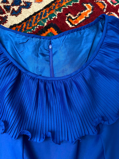 Vintage 1970s Royal Blue Ruffle Collar Dress