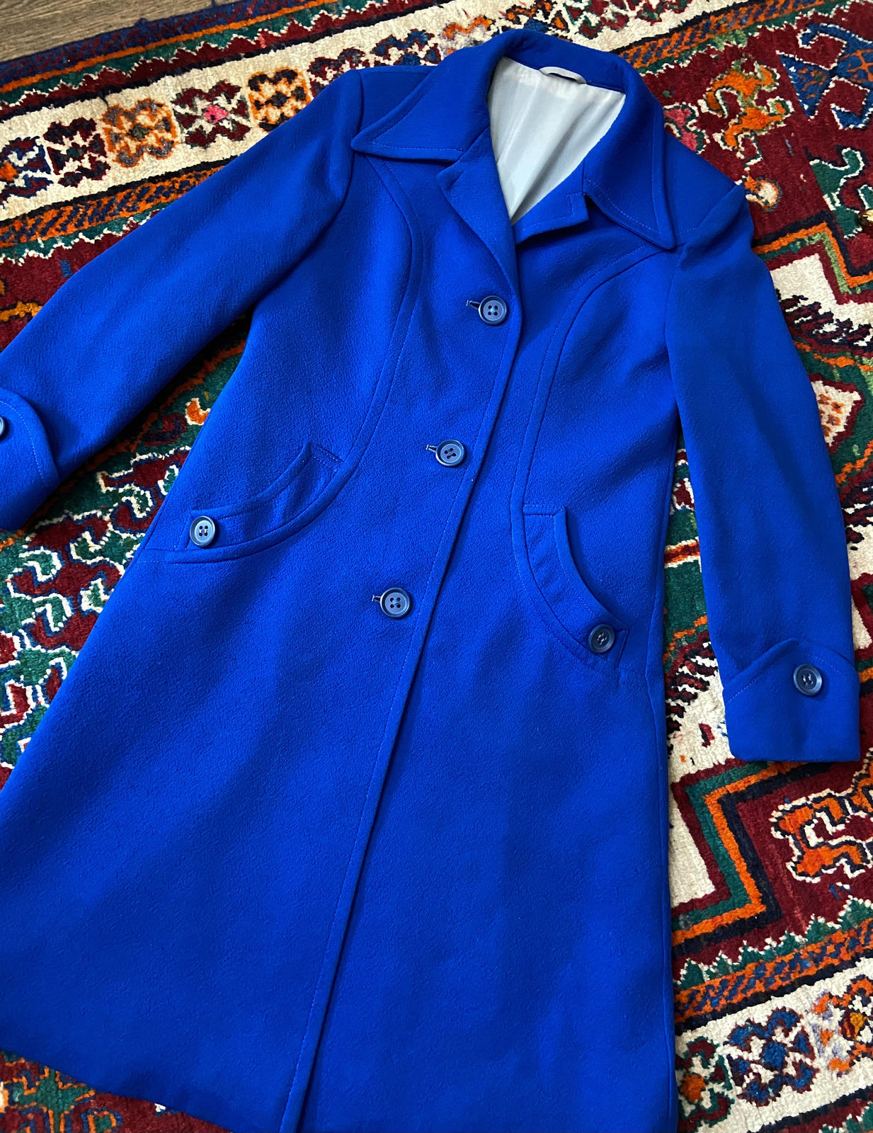 Vintage 1970s Royal Blue Dagger Collar Coat