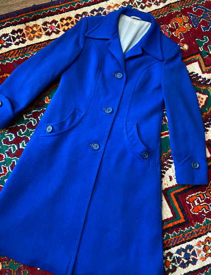 Vintage 1970s Royal Blue Dagger Collar Coat