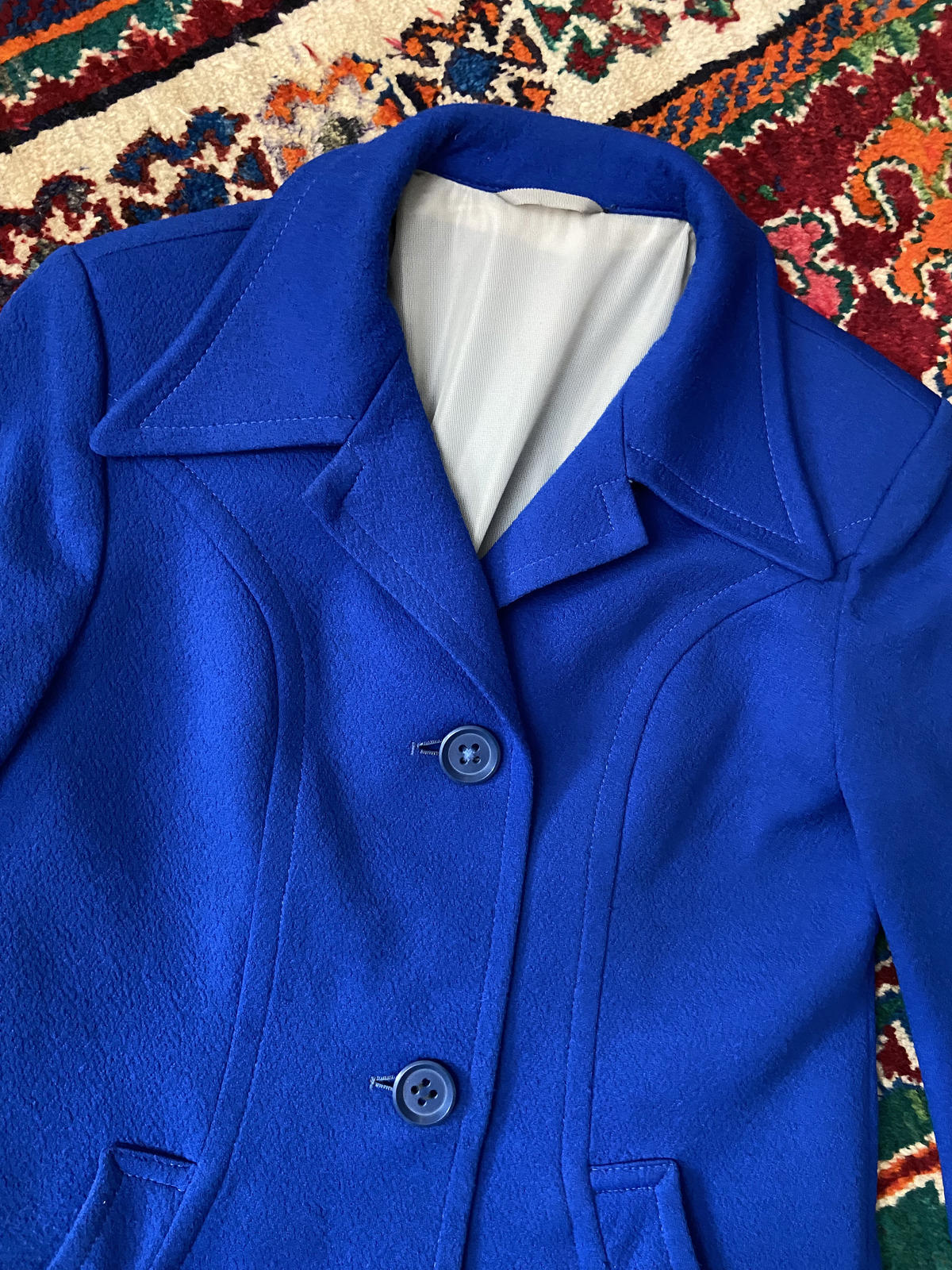 Vintage 1970s Royal Blue Dagger Collar Coat