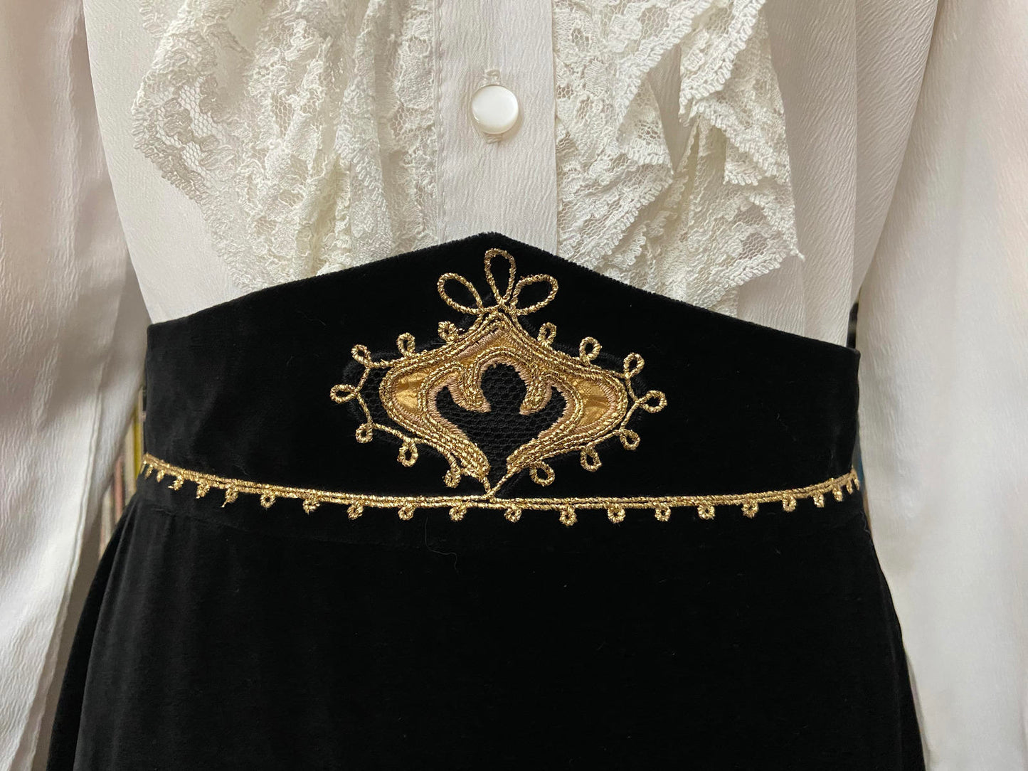 Vintage 1970s Black Gold Trim Velvet Skirt