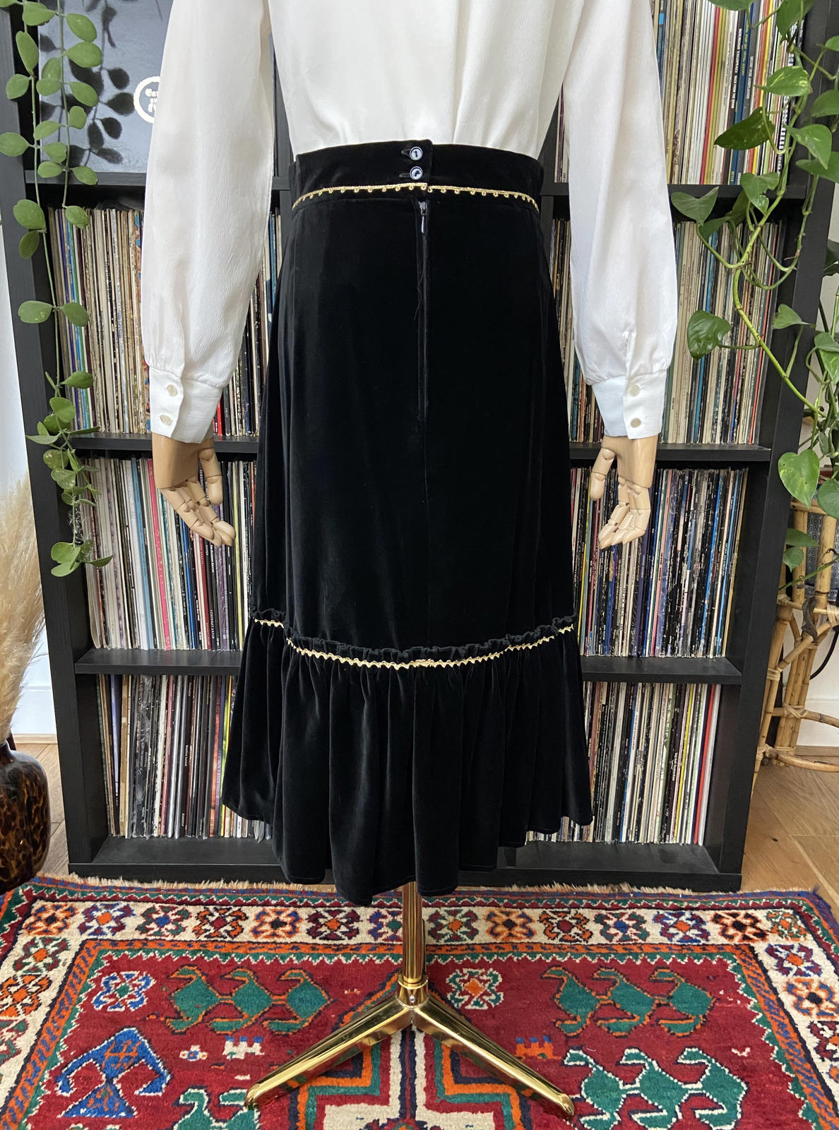 Vintage 1970s Black Gold Trim Velvet Skirt