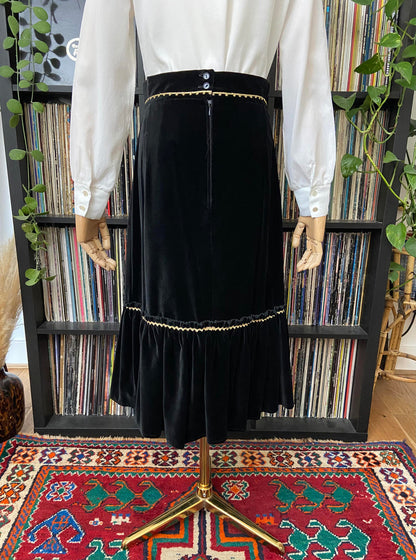 Vintage 1970s Black Gold Trim Velvet Skirt