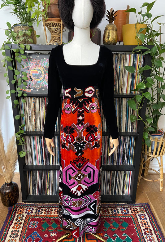 Vintage 1970s Black Psychedelic Velvet Maxi Dress