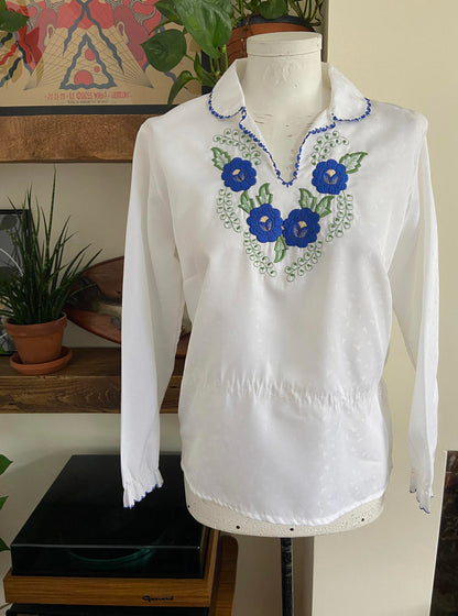 Vintage 1970s White Blue Folk Blouse