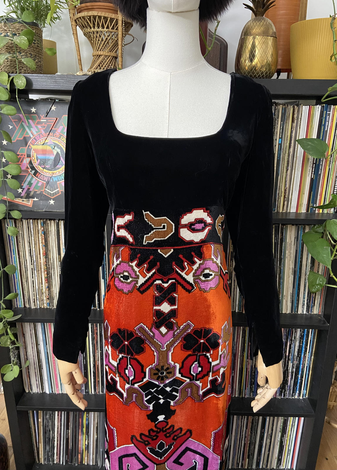 Vintage 1970s Black Psychedelic Velvet Maxi Dress