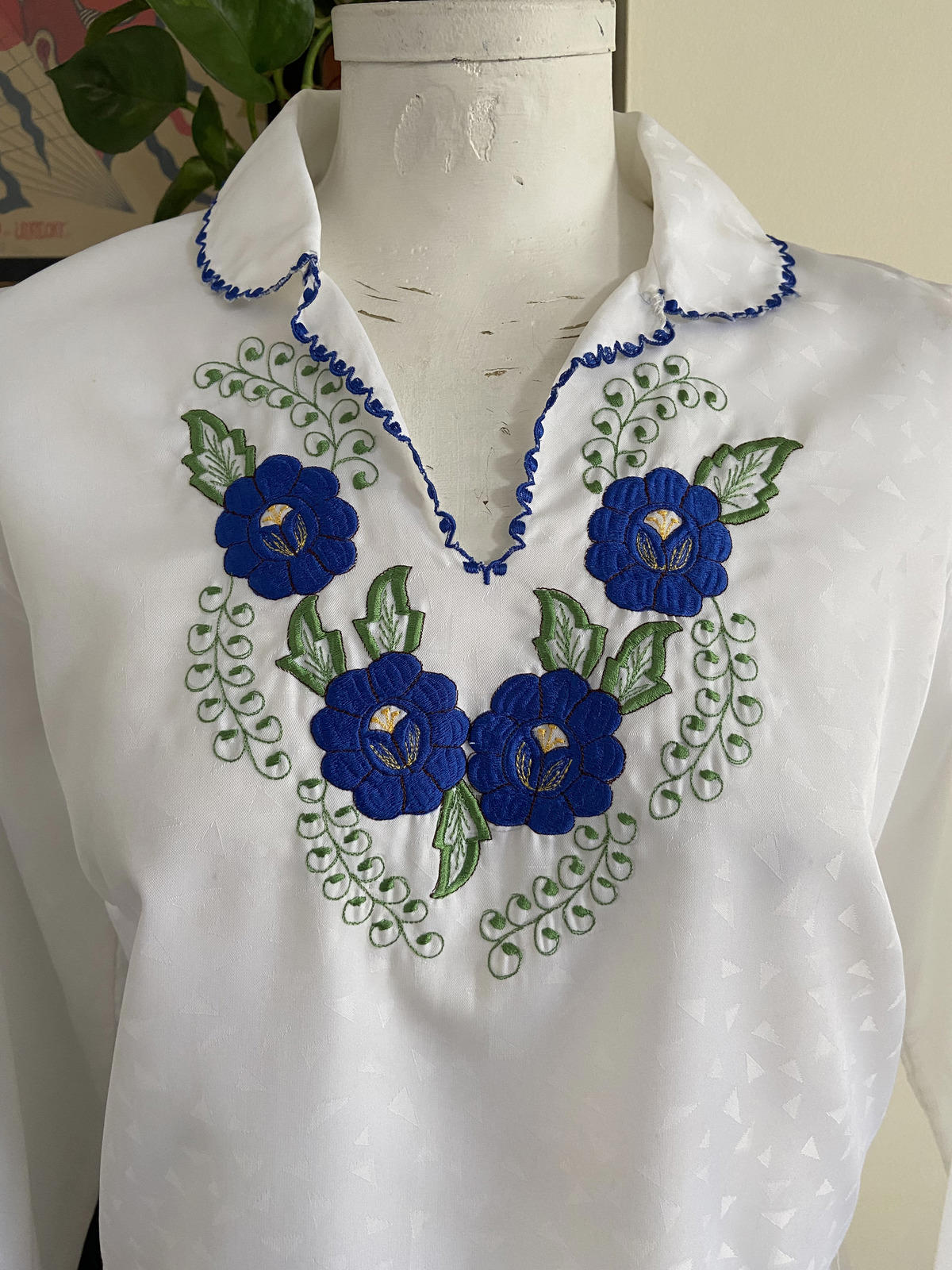 Vintage White Blue Folk Blouse