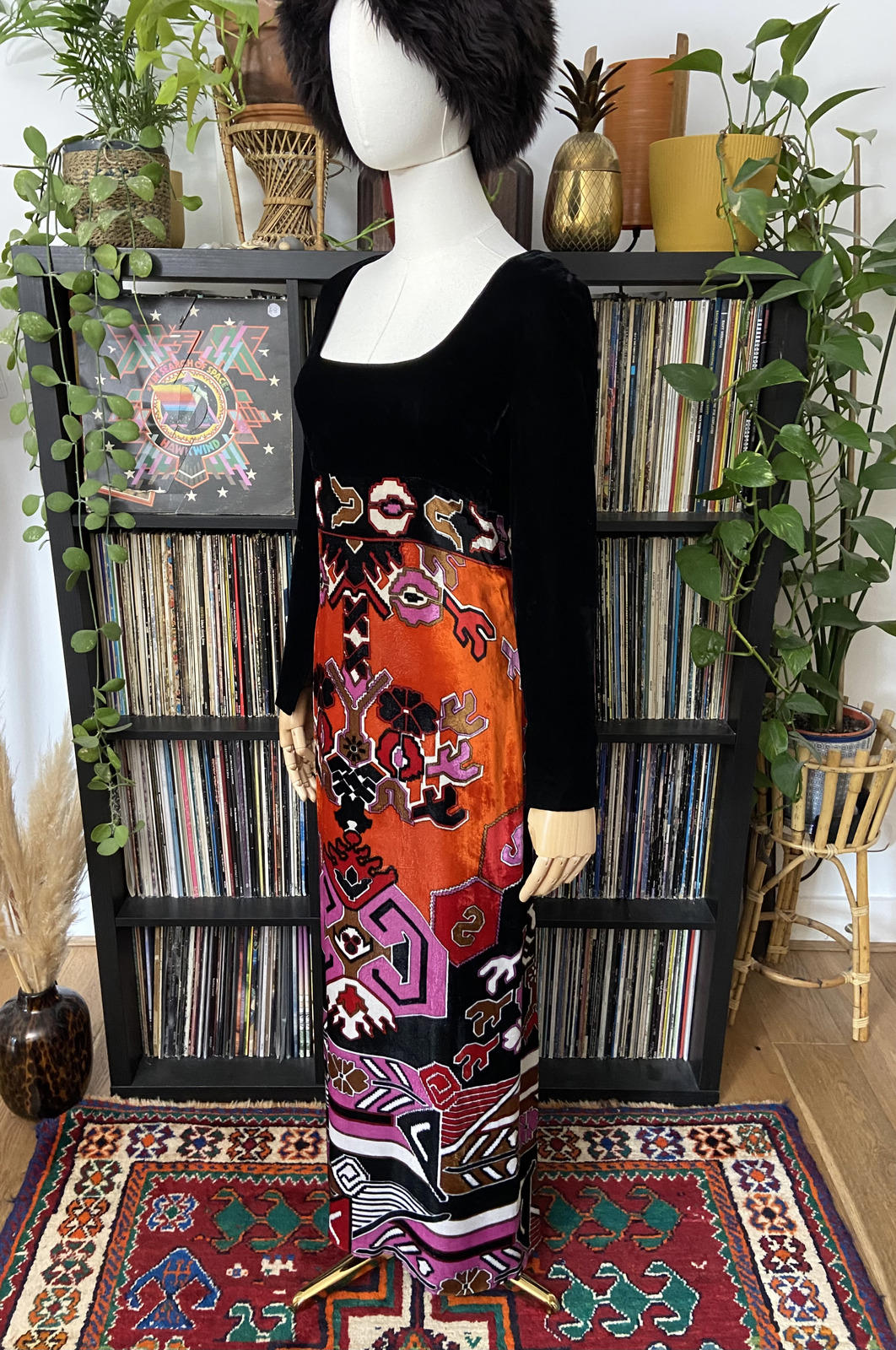 Vintage 1970s Black Psychedelic Velvet Maxi Dress