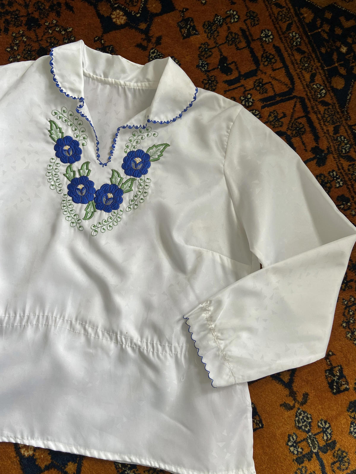 Vintage White Blue Folk Blouse