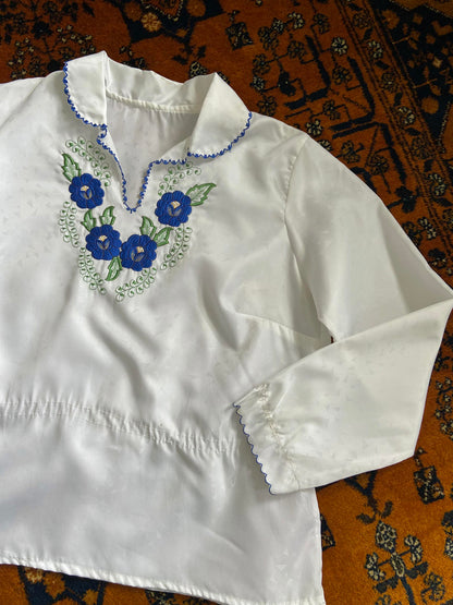 Vintage White Blue Folk Blouse