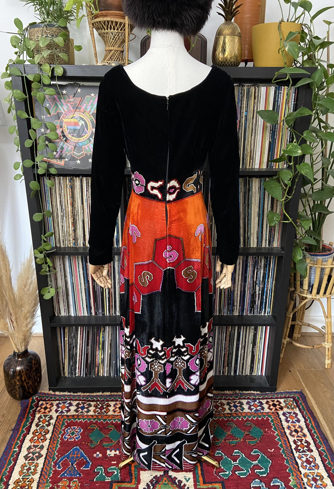 Vintage 1970s Black Psychedelic Velvet Maxi Dress