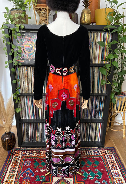 Vintage 1970s Black Psychedelic Velvet Maxi Dress