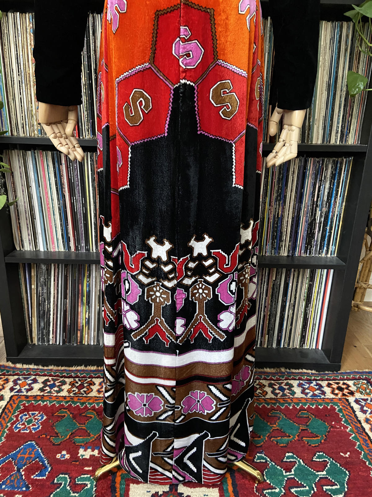 Vintage 1970s Black Psychedelic Velvet Maxi Dress