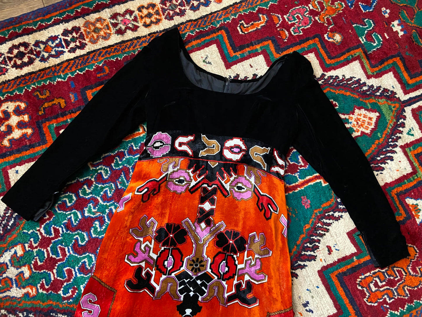 Vintage 1970s Black Psychedelic Velvet Maxi Dress
