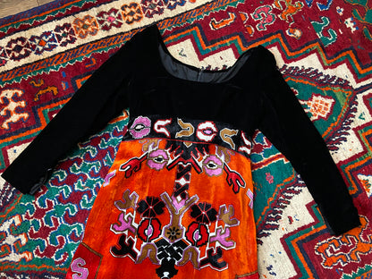 Vintage 1970s Black Psychedelic Velvet Maxi Dress