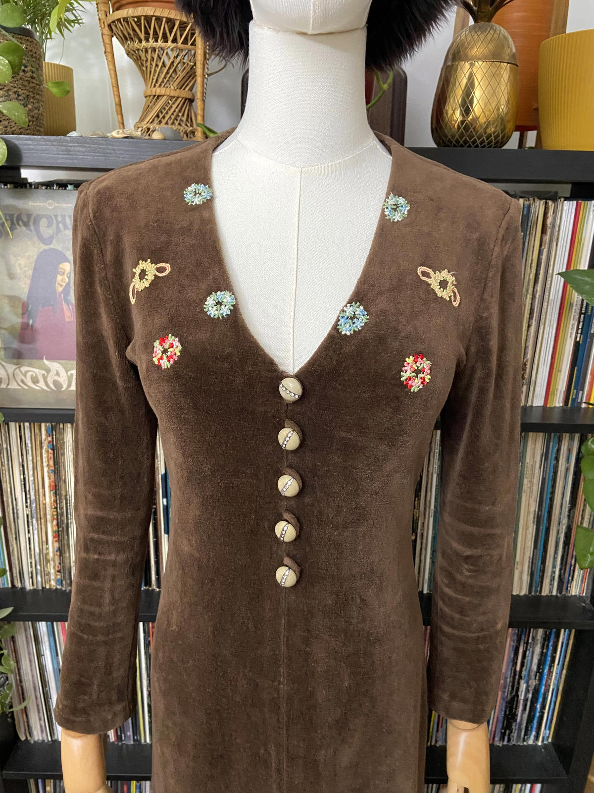 Vintage 1970s Brown Velour Embroidered Dress