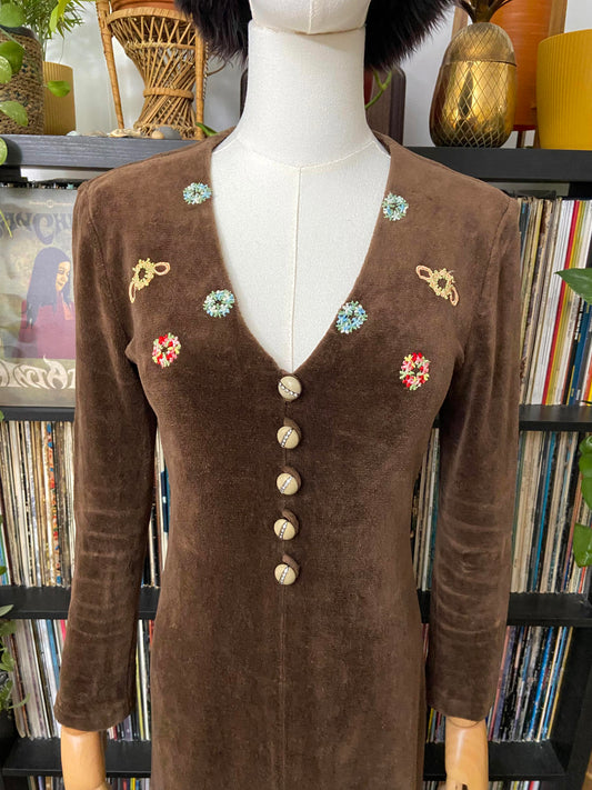 Vintage 1970s Brown Velour Embroidered Dress