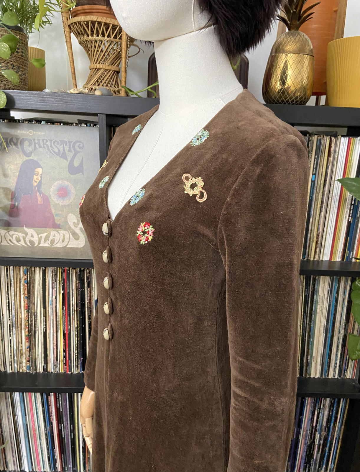 Vintage 1970s Brown Velour Embroidered Dress