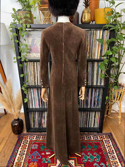 Vintage 1970s Brown Velour Embroidered Dress