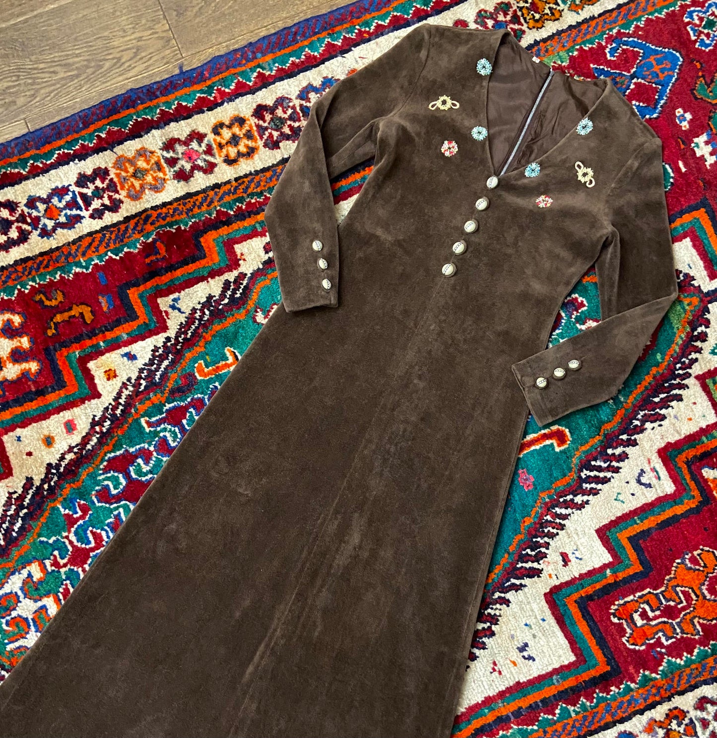 Vintage 1970s Brown Velour Embroidered Dress