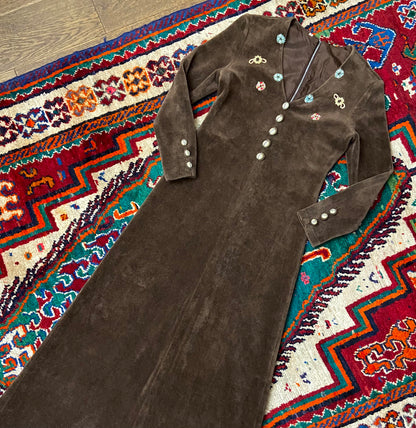 Vintage 1970s Brown Velour Embroidered Dress