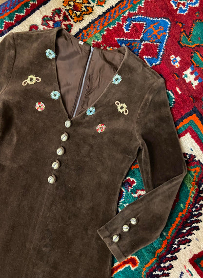 Vintage 1970s Brown Velour Embroidered Dress
