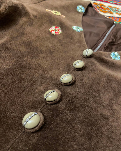 Vintage 1970s Brown Velour Embroidered Dress