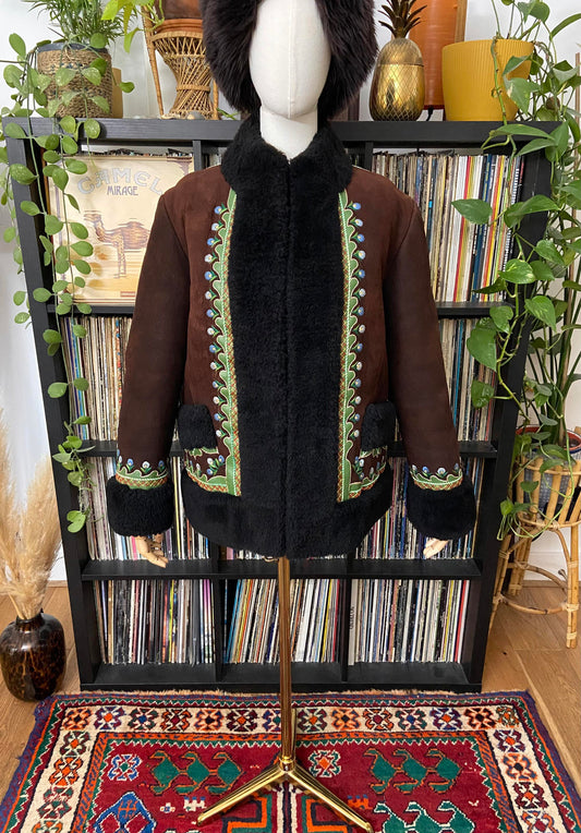 Vintage 1970s Brown Embroidered Afghan Coat