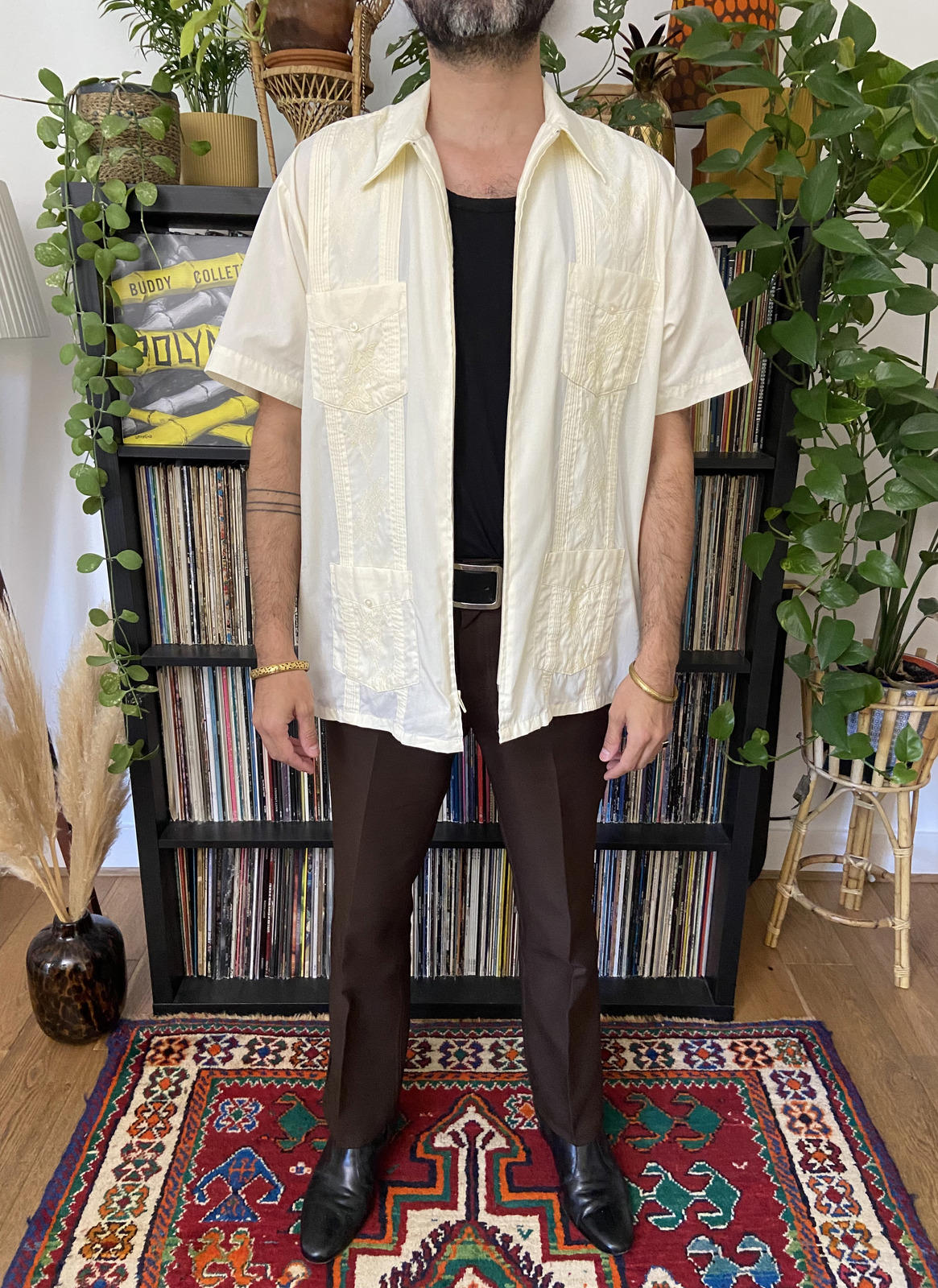 Vintage XL Cream Cuban Collar Guayabera Shirt