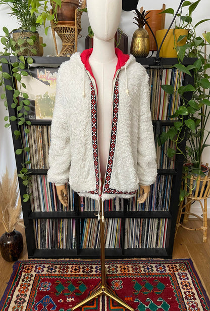 Vintage 1970s White Embroidered Trim Faux Fur Parka